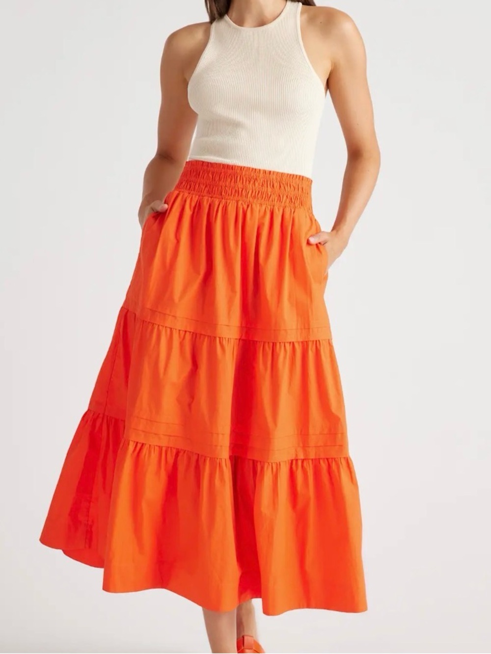 Quince Vermilion Red Organic Cotton Poplin Tiered Maxi Skirt Size XL Pockets NWT